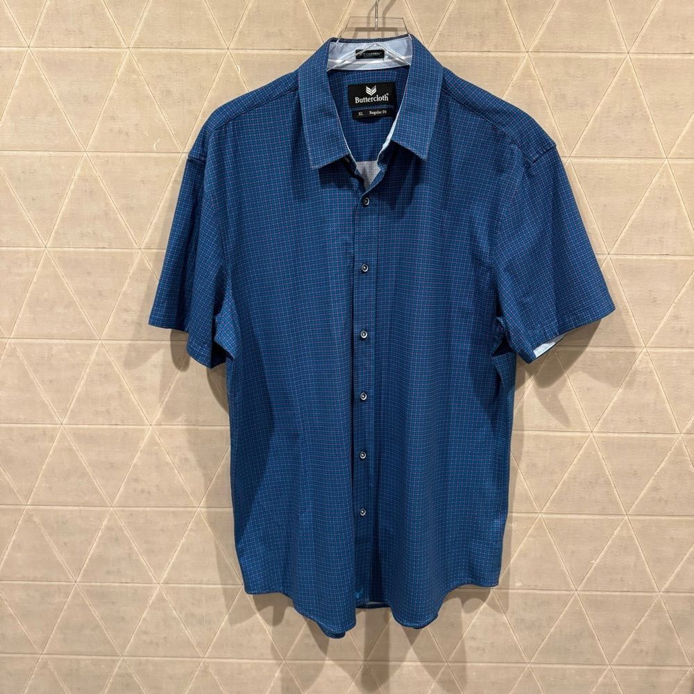 Buttercloth Short Sleeve Button Down Icy Cotton Shirt Blue Print XL